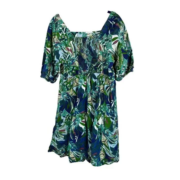 Colorful Floral Milkmaid Dress Blue L Tropical Summer Smock Preppy Artsy Chic - Picture 7 of 9